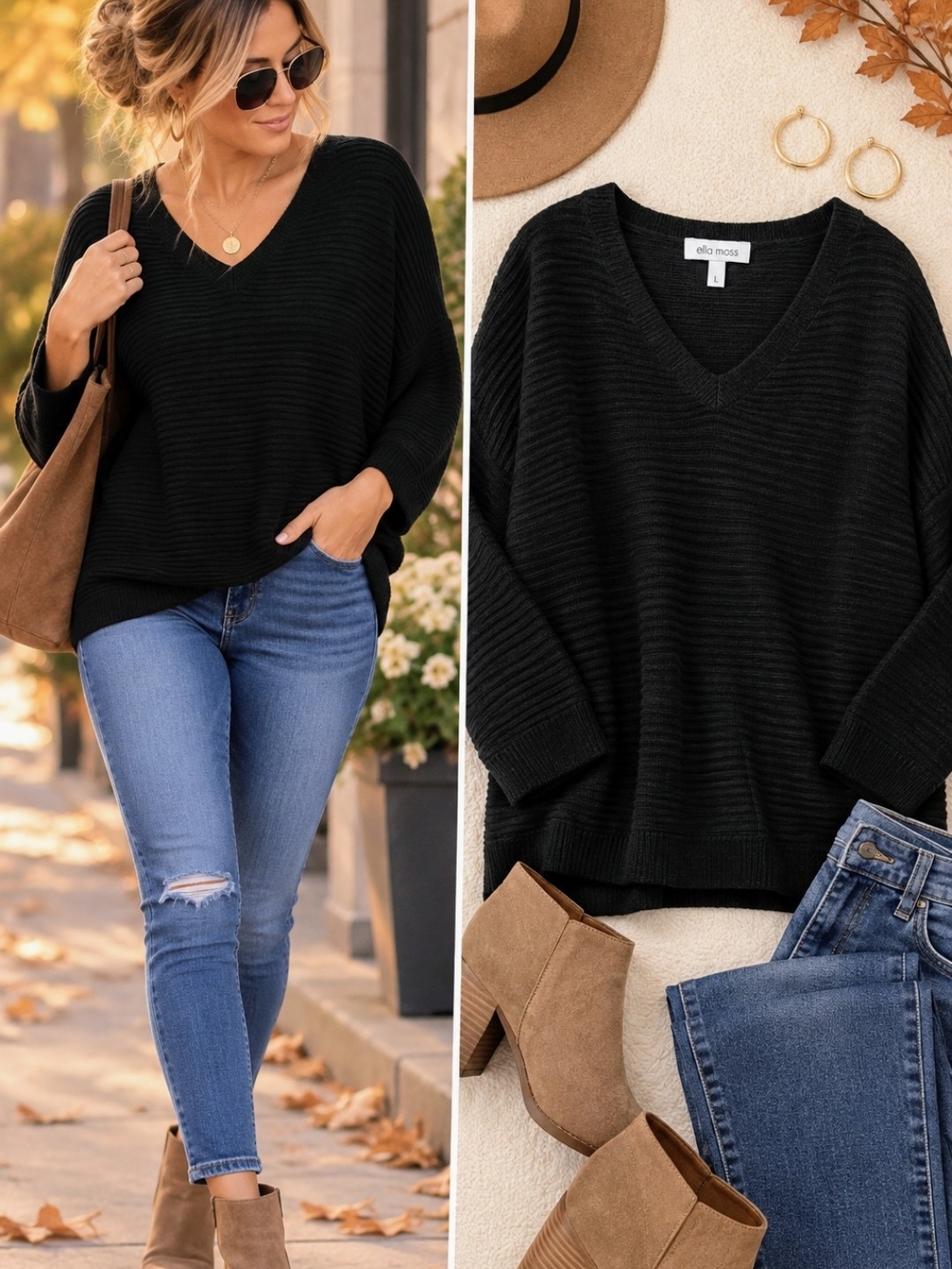 Ella Moss Black Ribbed V-Neck Sweater Long Sleeve L Fall Basic Wardrobe